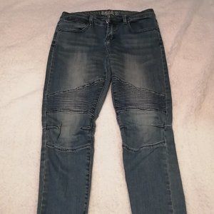 Moto-style jeans, size 7/8, distressed wash